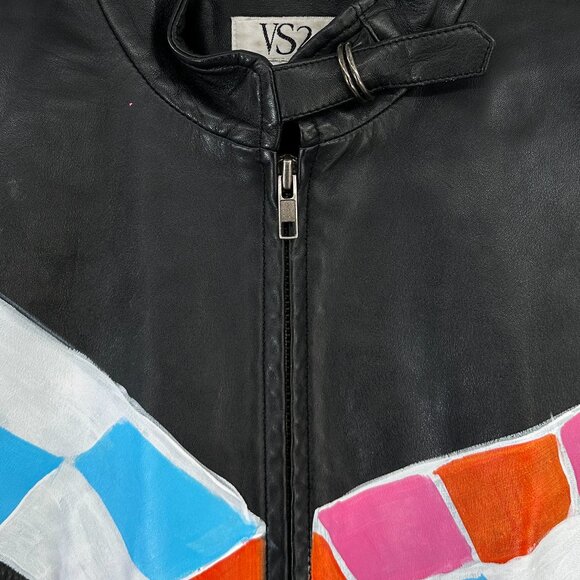 Upcycled Leather Vintage VS2 Black Hand Painted Genuine Leather Zip Up Jacket - Picture 5 of 7